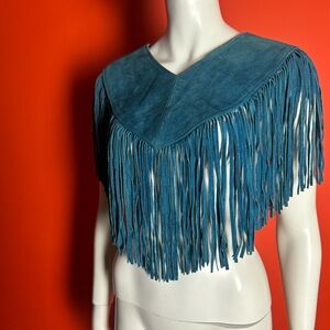 Vintage Blue fringe shrug with a boho vibe, made from soft leather suede